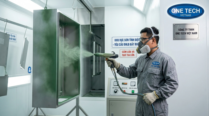Công nhân sử dụng bảo hộ để hạn chế bụi sơn tĩnh điện và sức khỏe hô hấp