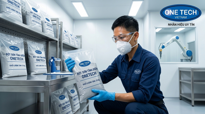 Nhân sự sử dụng bảo hộ khi thao tác với bột sơn tĩnh điện