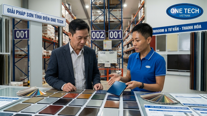 Khách hàng kiểm tra mẫu màu và tư vấn quy trình sơn tĩnh điện tại Thanh Hóa