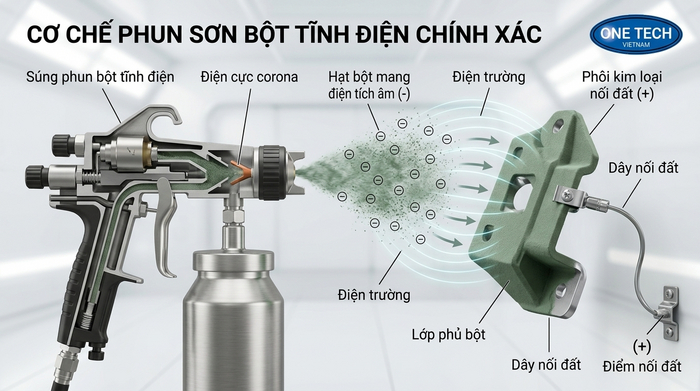 Cơ chế phun bột sơn tĩnh điện lên bề mặt kim loại
