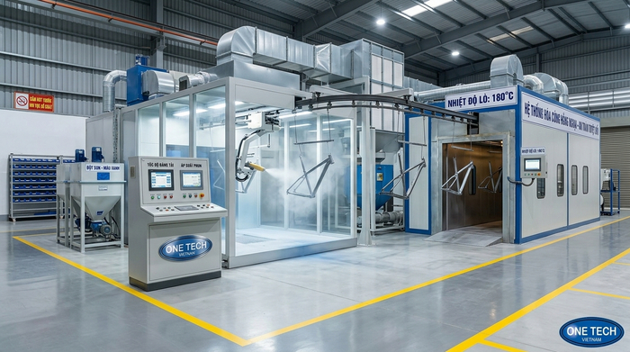 Hệ thống thiết bị sơn tĩnh điện gồm booth phun súng phun và lò sấy