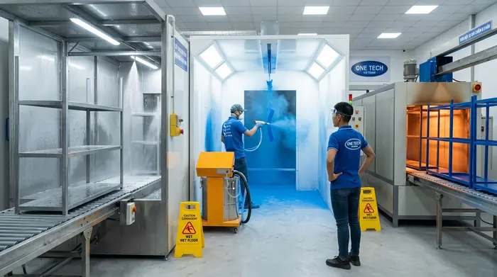 Quy trình sơn tĩnh điện kim loại gồm xử lý bề mặt phun bột và sấy