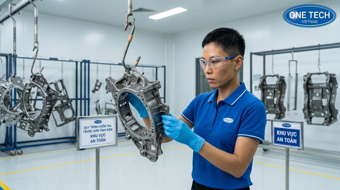 Treo chi tiết kim loại trước khi phun sơn tĩnh điện tại xưởng